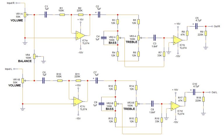 √ Skema Rangkaian Tone Control Dengan Kontrol Balance Sederhana