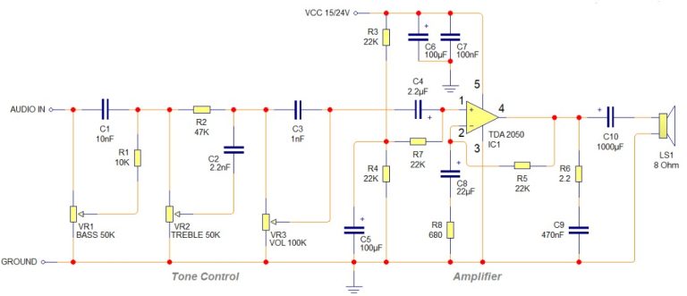 √ Skema Rangkaian Power Amplifier TDA 2050 Watt Tone Control